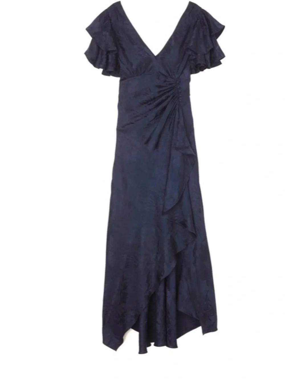 Tanya Taylor Navy Floral Jacquard High-Low Wrap Dress